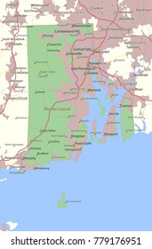 Rhode Island map. Shows state borders, urban areas, place names, roads and highways.Projection: Mercator.