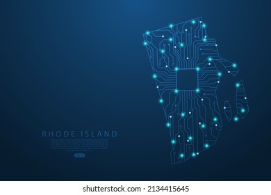 Rhode Island Map - United States of America Map vector with Abstract futuristic circuit board. High-tech technology mash line and point scales on dark background - Vector illustration ep 10 