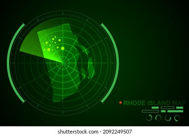 Rhode Island Map - USA, United States of America Map vector template with futuristic circle radar style HUD, GUI, UI interface isolated on dark green background - Vector illustration eps 10