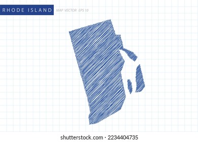 Rhode Island Map - USA, United States of America Map vector template with blue outline graphic and pen drawing sketch style isolated on white grid background for design - Vector illustration eps 10
