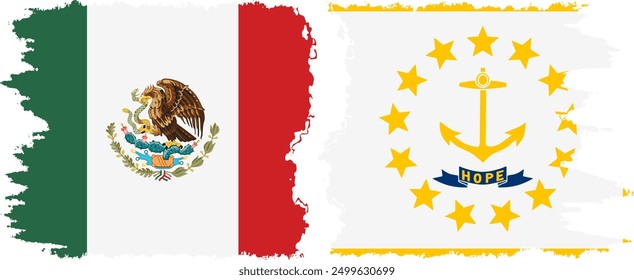 Rhode Island and Mexico grunge brush flags connection, vector