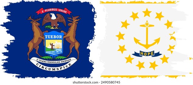 Rhode Island and Michigan states grunge brush flags connection, vector