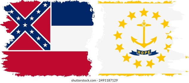 Rhode Island and Mississippi states grunge brush flags connection, vector