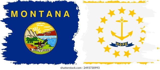 Rhode Island and Montana states grunge brush flags connection, vector