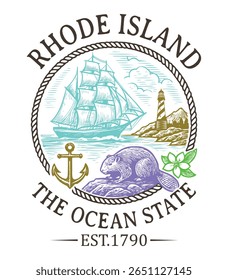 Rhode Island The Ocean State - US State Vintage T-shirt Vector, USA States Cityscape Landmark Icons, American State Typography Shirt, USA Skyline Clipart, Retro travel city illustration