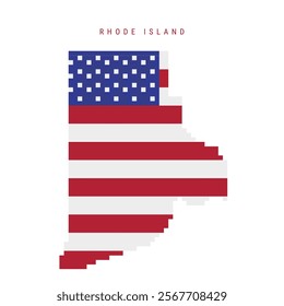 Rhode Island pixel flag map icon. 8 bit pixel art map covered with american flag. Flat vector illustration isolated on white background.