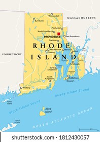 Rhode Island, political map with the capital Providence. State of Rhode Island and Providence Plantations, RI, a state in the New England region of the United States of America. Illustration. Vector.