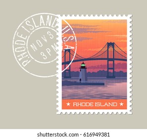 Rhode Island postage stamp design. Vector illustration of Newport Bridge and harbor lighthouse at sunrise. Grunge postmark on separate layer.