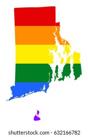 Rhode Island pride gay vector map with rainbow flag colors. United States of America. Gay flag over Rhode Island state map. Rainbow flag. 
