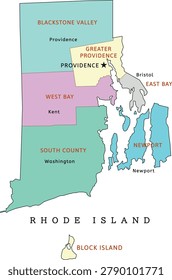 Rhode Island regions map with counties. Colored. Vectored