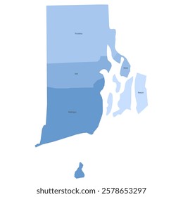 Rhode Island, RI - detailed political map of US state. Administrative map divided into counties. Blue map with county name labels. Vector illustration