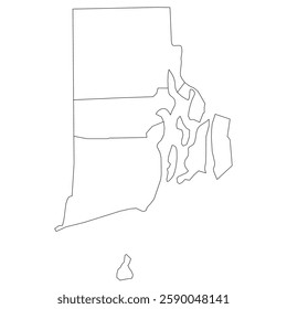 Rhode Island, RI - detailed political map of US state. Administrative map divided into counties. Thin blank black outline map. Vector illustration