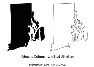 Rhode Island RI state Maps. Black silhouette and outline isolated on a white background. EPS Vector