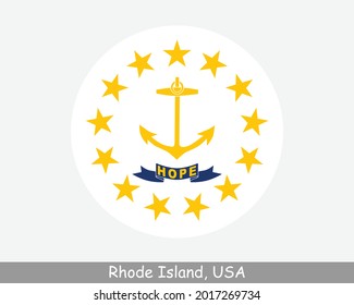 Rhode Island Round Circle Flag. RI USA State Circular Button Banner Icon. Rhode Island United States of America State Flag. The Ocean State, Little Rhody, EPS Vector