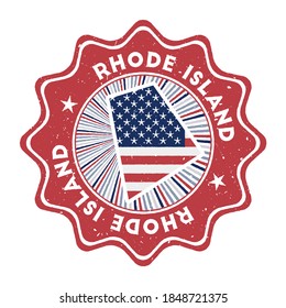 Rhode Island round grunge stamp with US state map and country flag. Vintage badge with circular text and stars, vector illustration.