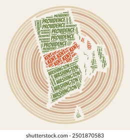Rhode Island Round Poster. Typography style image of the state. County word clouds of Rhode Island. Vintage image design with scratch texture.