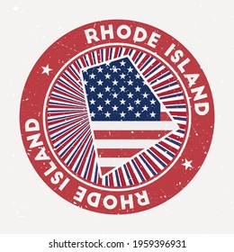 Rhode Island round stamp. Logo of US state with flag. Vintage badge with circular text and stars, vector illustration.