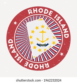 Rhode Island round stamp. Logo of us state with state flag. Vintage badge with circular text and stars, vector illustration.