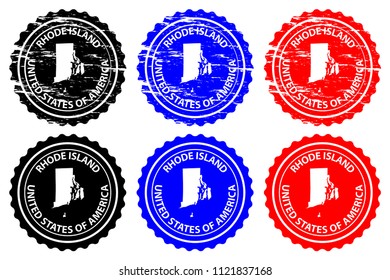 Rhode Island - rubber stamp - vector, Rhode Island (United States of America) map pattern - sticker - black, blue and red 