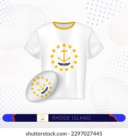 Rhode Island rugby jersey with rugby ball of Rhode Island on abstract sport background. Jersey design.