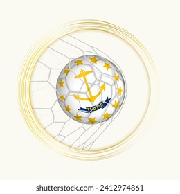 Rhode Island scoring goal, abstract football symbol with illustration of Rhode Island ball in soccer net. Vector sport illustration.