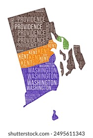 Rhode Island shape. State word cloud with county division. Rhode Island colored illustration. County names cloud. Vector illustration.