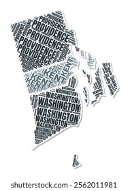 Rhode Island shape text cloud. State border with shadow on white background. Rhode Island with counties division in vintage gazette style. Stylish vector illustration.