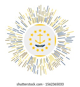 Rhode Island sign. US state flag with colorful rays. Radiant sunburst with Rhode Island flag. Vector illustration.