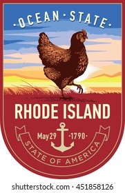 Rhode Island state emblem, Red Chicken, sunrise on a red background