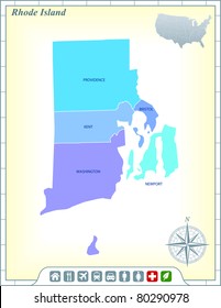 Rhode Island State Map with Community Assistance and Activates Icons Original Illustration