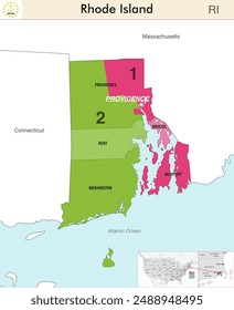 Rhode Island state map with counties borders and colored congressional districts boundaries due to The 2020 United States census and which is valid since 2023. Flag of Rhode Island. Vector