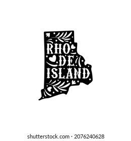 Rhode Island state map with doodle decorative ornaments. For printing on souvenirs and T-shirts