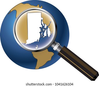 Rhode Island State Map Enlarged with Magnifying Glass on Globe