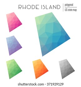 Rhode Island state map in geometric polygonal style. Set of Rhode Island state maps filled with abstract mosaic, modern design background. Multicolored state map in low poly style