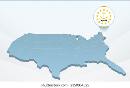 Rhode Island state map on United States of America map in perspective. Vector presentation.