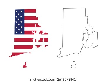 Rhode Island state map with USA flat design and black outline. Patriotic and educational vector perfect for presentation, learning, or design projects.