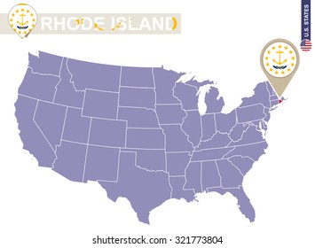 Rhode Island State on USA Map. Rhode Island flag and map. US States.