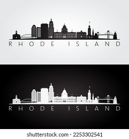 Rhode Island state skyline and landmarks silhouette, black and white design. Vector illustration.