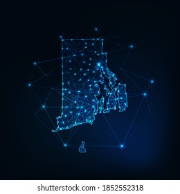 Rhode Island state USA map glowing silhouette outline made of stars lines dots triangles, low polygonal shapes. Communication, internet technologies concept. Wireframe futuristic vector illustration