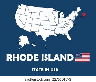 Rhode Island state of USA text design with America flag and white silhouette map.