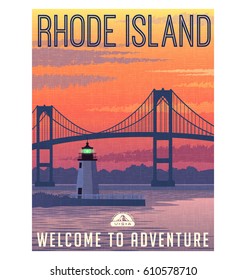 Rhode Island Travel Poster Or Sticker. Vector Illustration Of Newport Bridge And Harbor Light At Sunrise.