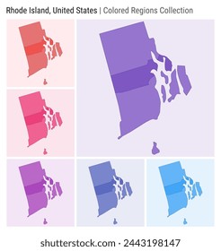 Rhode Island, United States. Map collection. State shape. Colored counties. Deep Purple, Red, Pink, Purple, Indigo, Blue color palettes. Border of Rhode Island with counties. Vector illustration.