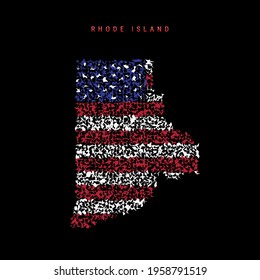 Rhode Island US state flag map, chaotic particles pattern in the colors of the american flag. Vector illustration isolated on black background.