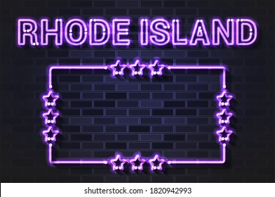 Rhode Island US State glowing violet neon letters and starred frame. Realistic vector illustration. Black brick wall, soft shadow.