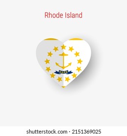 Rhode Island US state heart shaped flag. Origami paper cut folded banner. 3D vector illustration isolated on white with soft shadow.