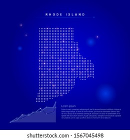 Rhode Island US state illuminated map with glowing dots. Infographics elements. Dark blue space background. Vector illustration. Growing chart, lorem ipsum text.