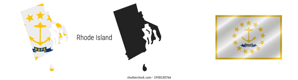 Rhode Island US state map with masked flag. Detailed silhouette. Waving flag. Vector illustration isolated on white.