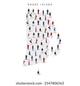 Rhode Island US state population map. Large group of realistic a diverse crowd of people figures. Flat vector illustration isolated on white.