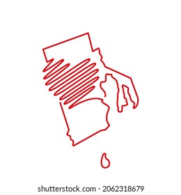 Rhode Island US state red outline map with the handwritten heart shape. Continuous line drawing of patriotic home sign. A love for a small homeland. T-shirt print idea. Vector illustration.