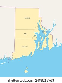 Rhode Island, U.S. state, subdivided into 5 counties, political map with borders and county names. State in the New England region of Northeastern United States nicknamed Ocean State and Little Rhody.